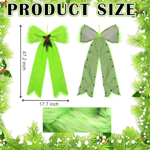 Large Christmas Tree Topper Bow with Lights, Christmas Tree Door Decorations Velvet Plush Hanging Ornaments, Lime Green Bow Berries Wreath for Party Wall Window Mantel Gifts, 47" x 17" - Image 5