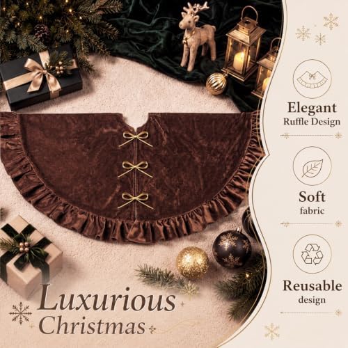 Velvet Christmas Tree Skirt, 60 Inches, Bow Style, Brown - Image 5