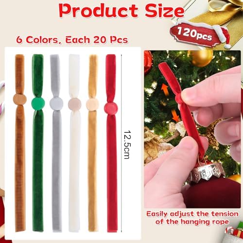 Hysagtek 120 Pcs Christmas Velvet Ornament Strings - Adjustable Ornament Hooks Non Slip Hangers Hooks for Christmas Tree Decorations(Red, Green, Brown, Khaki, Grey, Beige) - Image 3