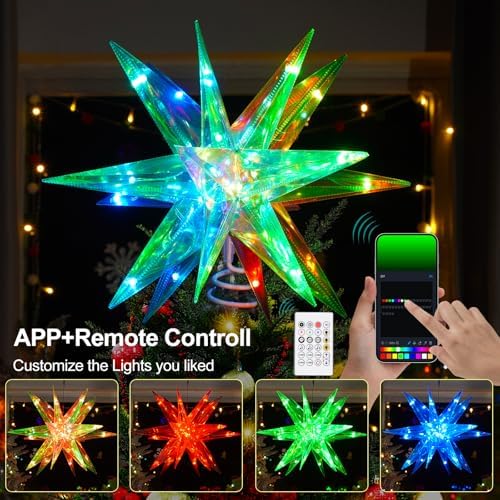 Christmas Star Tree Topper, 13.8" Xmas Smart Tree Decorations, Crystal-Like 3D Polygonal Shell, App Control LED Christmas Light, Music Sync RGB Color Changing with Remote for Indoor and Outdoor Decor - Image 2