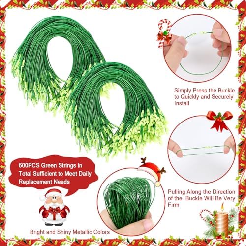JUNEBRUSHS 600Pcs Christmas Ornament Hooks, Ornament Hangers with Snap Ornament String for Christmas Tree Holiday Party Hanging Decorations Ropes Easy and Fast Locking (Green) - Image 3