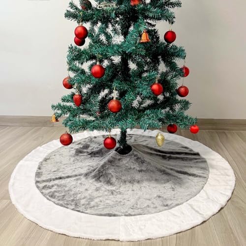 48 Inch Silver Tree Skirt Grey Christmas Tree Skirts Elegant Faux Fur Quilted Trees Skirt Soft Fluffy Plush Xmas Trees Skirts Rug Mat for Christmas Indoor D??cor New Year Decorations Outdoor - Image 2