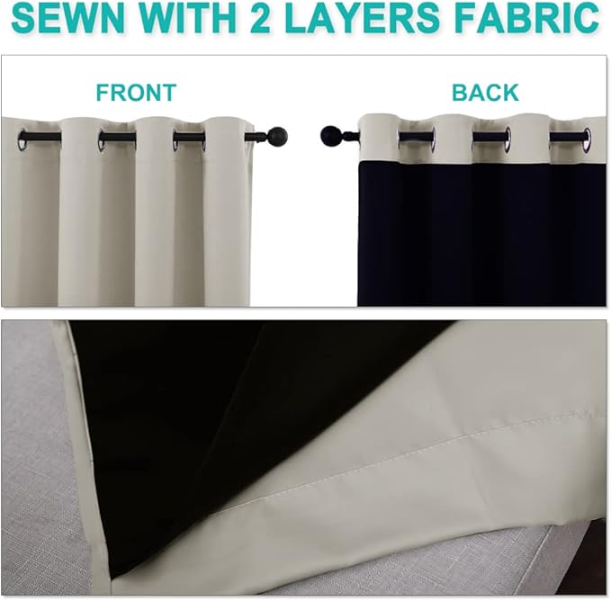 NICETOWN Natural 100% Blackout Lined Curtains, 2 Thick Layers Completely Blackout Window Treatment Thermal Insulated Drapes for Kitchen/Bedroom (1 Pair, 62 inches Width x 63 inches Length Each Panel)