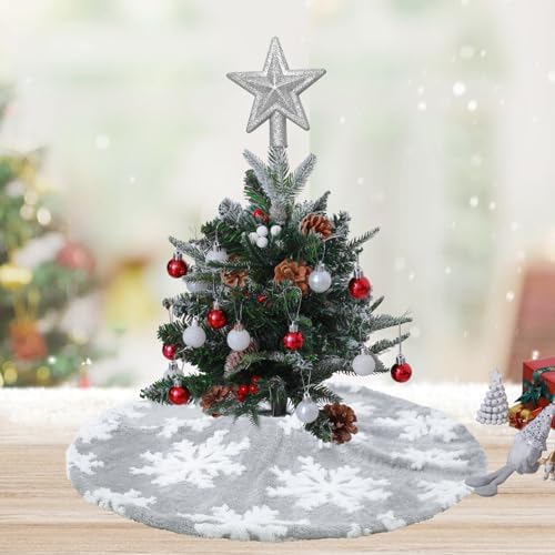 Small Christmas Tree Skirts 24 inch Grey White Xmas Tree Skirt Snowflakes Tree Skirts Fluffy Double Layers Mini Tree Skirt for Holiday Home Party Xmas Tree Decoration - Image 4
