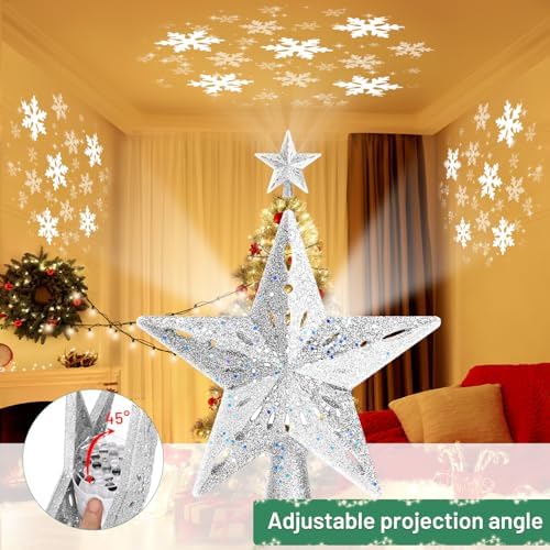 Mrrihand Christmas Tree Topper Lighted with 6 Projection Modes, Christmas Star Tree Topper Built-in LED Rotating Lights, Silver 3D Glitter Dynamic Projection for Christmas Tree Decorations - Image 4