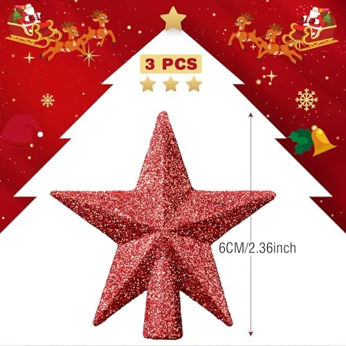 Hanaive 3 Pcs Mini Christmas Tree Topper Small Star Christmas Treetop Ornaments for Mini Tree Holiday Decorative Star for Xmas Home Decor(2.36 Inch,Glitter Red) - Image 2