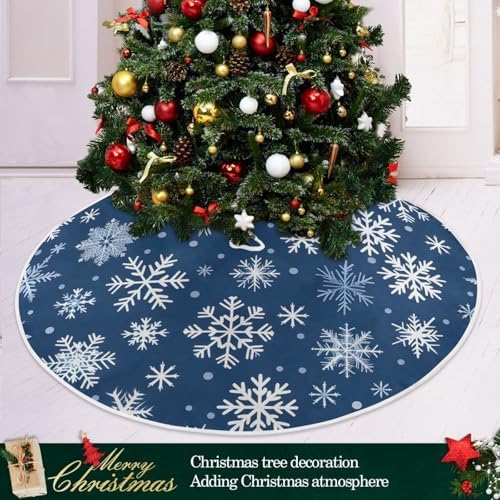 Blue White Snowflakes Christmas Tree Skirt Small Xmas Tree Skirts Decorations 36 in Burlap Tree Mat Cover for 4 ft Trees Holiday Party - Image 2