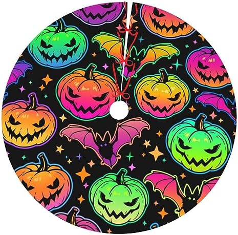 Neon Scary Bat Pumpkin Skull Halloween Colorful 36 Inch Christmas Tree Skirt Carpet Mat Funny Party Decor Supplies for Xmas Halloween Decorations Occasion Ornament by LUMANSITTER