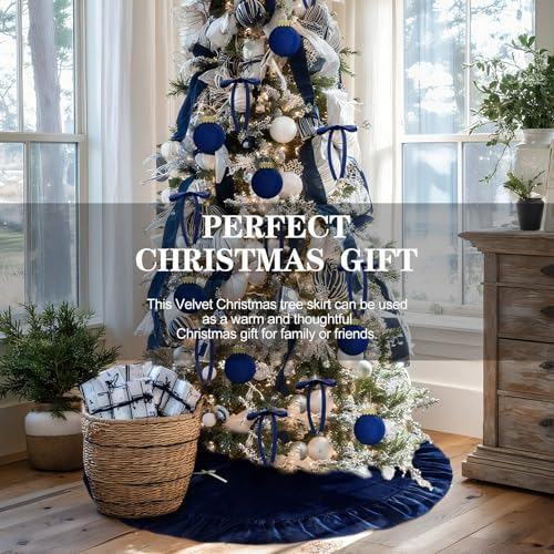 Velvet Christmas Tree Skirt, 72 Inches, Bow Style, Navy Blue - Image 4