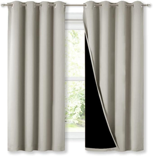 NICETOWN Extra Long Truly Blackout Drapes for Hall and Villa, 46-inch Width Each Panel, 45-inch Length, Natural, 2 Pieces, 100% Blackout Window Curtain Panels with Black Lined for Night Shift Worker