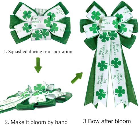 2 Pcs St Patricks Day Bows for Wreath Outdoor Decorations,St Patricks Day Tree Topper Bows,Large White Green Burlap Shamrock Bowknot Irish Holiday Crafts Bows for Front Door Decor - Image 4