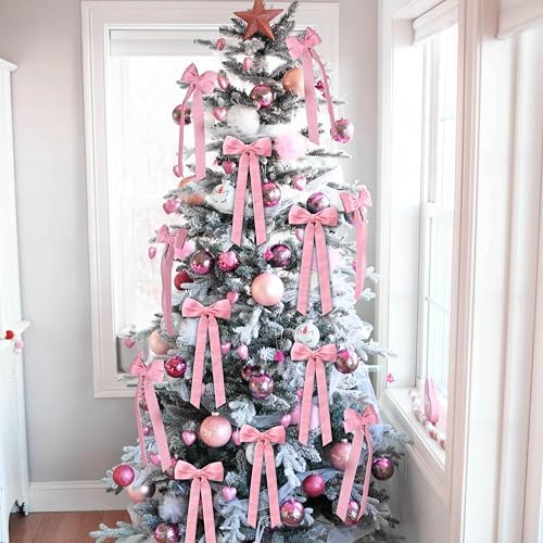 12Pcs Pink Velvet Bows Christmas Tree Decorations,5in x 10in Xams Ornaments - Image 4