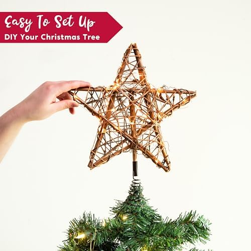 Joiedomi 8 Inch Christmas Tree Toppers, 30 LED Rustic Rattan Star Lighted for Xmas Decorations, Holiday Party Indoor Decor - Image 5