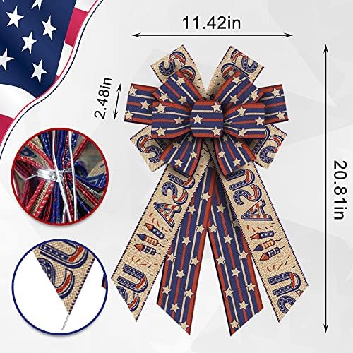 Veterans Day Patriotic Wreath Bows America Flag Wave Strip Burlap Bow for Wreaths, Patriotic Tree Topper Bows for Veterans Day Party Decoration Indoor Outdoor Supplies - Image 2