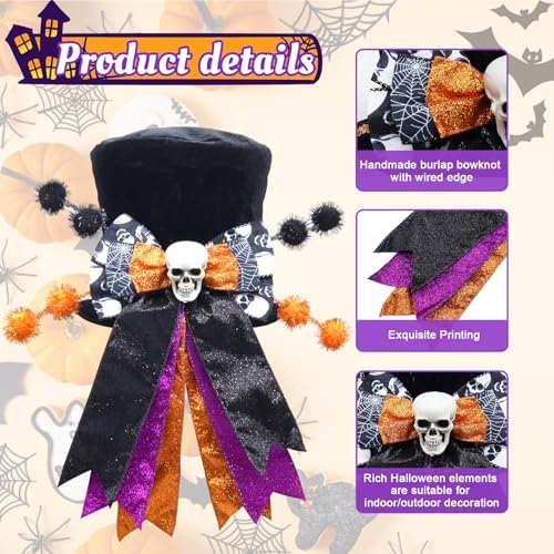 Halloween Tree Topper Hat with Wired Bow, Black Velvet Top Hat with Skull - Image 3