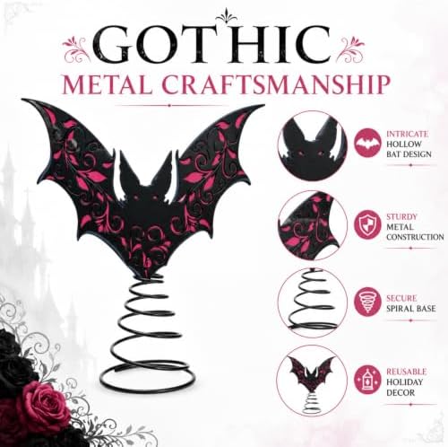Halloscume 7.87 Inch Bat Tree Topper Gothic Metal Bat Christmas Tree Topper - Image 3