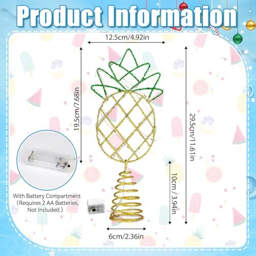 12" Gold Shiny Pineapple Summer Tree Topper with LED Lights - Image 2