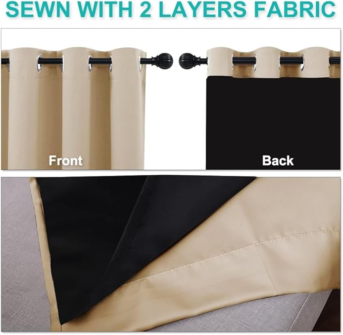 NICETOWN Bedroom Full Blackout Curtain Panels, Set of 2 Pcs, 37 by 50-inch, Biscotti Beige, Super Thick Insulated Grommet Drapes, Double-Layer Blackout Draperies with Black Liner for Small Window