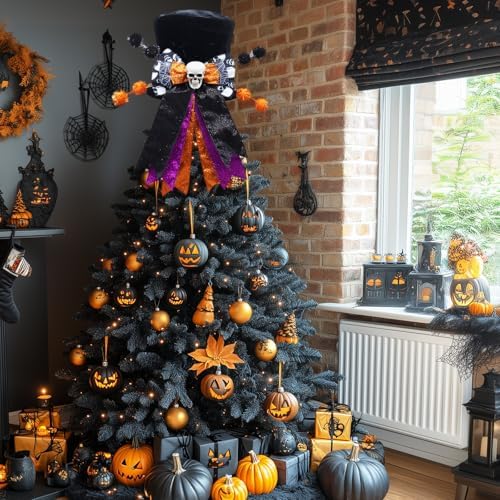 Halloween Tree Topper Hat with Wired Bow, Black Velvet Top Hat with Skull - Image 6