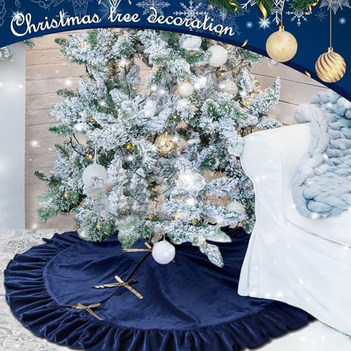 Velvet Christmas Tree Skirt, 48 Inches, Bow Style, Blue - Image 4