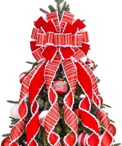 Christmas Tree Topper Wreath Bow Large Red Christmas Bow Tree Topper, Burlap with White Polyester Edge Gift Bows for Xmas Ornament Holiday Home Thanksgiving Indoor/Outdoor Decor 45x13 Inches by Sailup