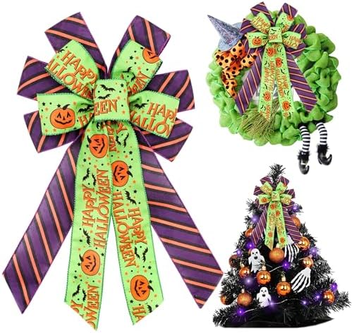 Large Halloween Pumpkin Tree Topper Bow, Green Purple Wreath Bow by HIENAJ