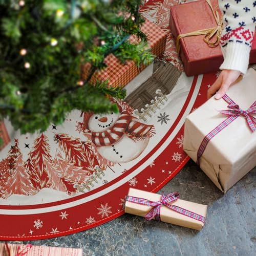 AVOIN colorlife Red Snowflake Snowman Cardinal Christmas Tree Skirt 48 Inch - Image 2