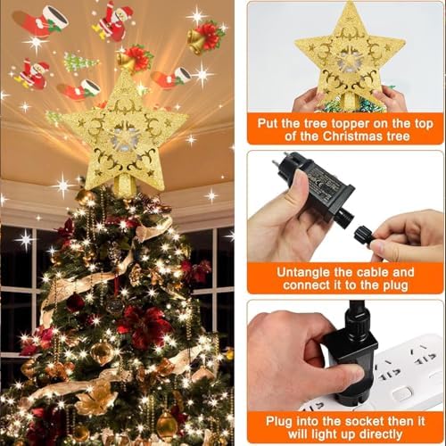 AOMIL Christmas Tree Topper, 3D Rotating Pattern Projector for Xmas Tree Topper, Hollow Design Christmas Decorations,Christmas Decor - Image 6