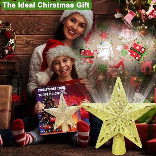 10" Christmas Tree Topper Projector with 6 Projection Modes, Built-in LED Rotating Light, 3D Glitter Dynamic Projector Light Up Tree Topper Star for Xmas Holiday Party Decorations Gifts (Gold) - Image 7