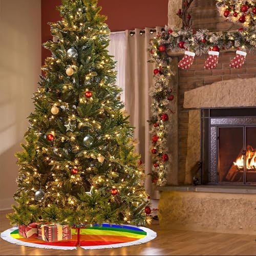 Christmas Tree Skirt 48" Inch LGBT Gay Pride Flag Xmas Tree Skirt Mat with White Tassel for Party Holiday, Tree Skirt Christmas Decorations - Image 3