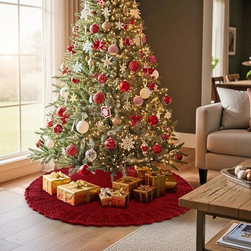 Christmas Tree Skirt 48 Inch Knitted Xmas Tree Skirt Cable Knit Tree Skirt Christmas Tree Decorations for Farmhouse Xmas Holiday Home Party(Red, 48in) - Image 5