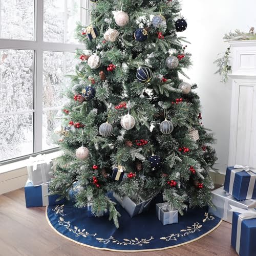 Bunny Chorus Christmas Tree Skirt, 48 inches Large Velvet Fur Plush Blue Tree Skirt, Xmas Tree Skirts with Gold Embroidered Holly Leaf for Merry Christmas Party Christmas Tree Decorations - Image 5