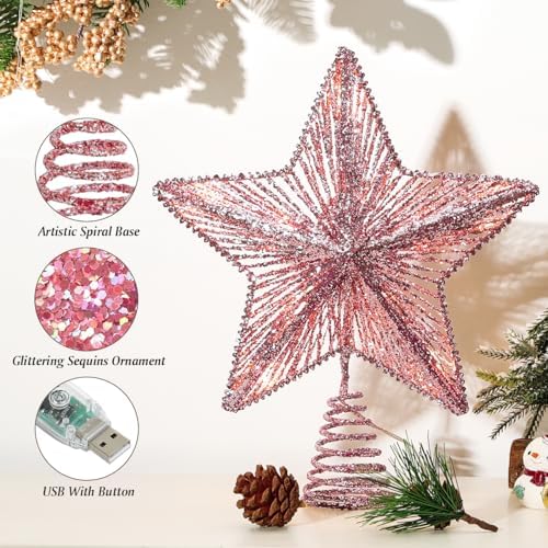 Lewondr Lighted Christmas Star Tree Topper with Remote & Timer, Pink - Image 6