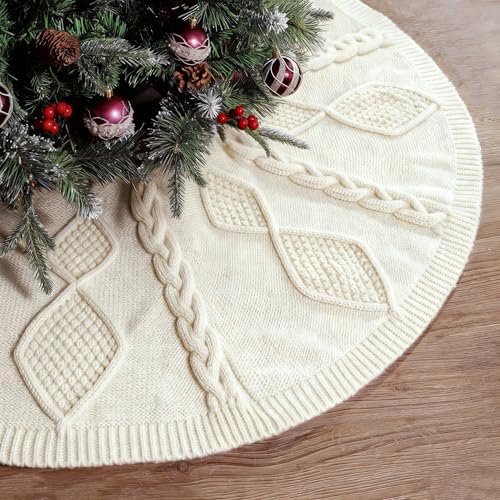 48 inch Christmas Tree Skirt: Diamond Braided Cable Knit Tree Skirt for 7.5ft Tree, Cream White Tree Skirt, Vintage Tree Skirts, Rustic Farmhouse Christmas Decorations by LimBridge