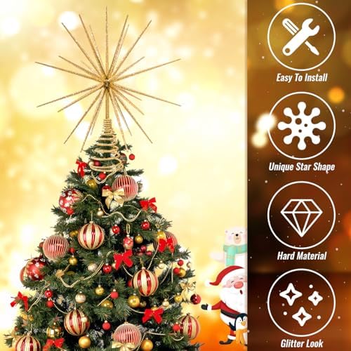 13.7 Inch Gold Christmas Tree Topper - 3D Burst Gold Tree Topper, Exploding Star Christmas Tree New Year Holiday Tree Decoration - Image 6