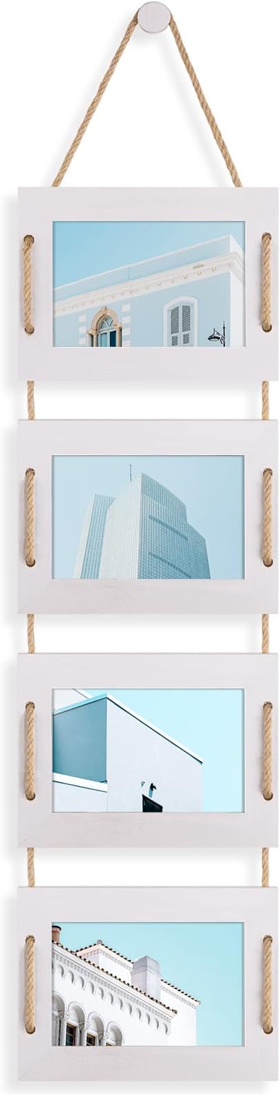 DLQuarts 4x6 Hanging Collage Picture Frames Wall Decor, 4-Opening 4x6 Photo without Mat Rustic Wood Frame with Hemp Rope, 1 Pack, Vintage White