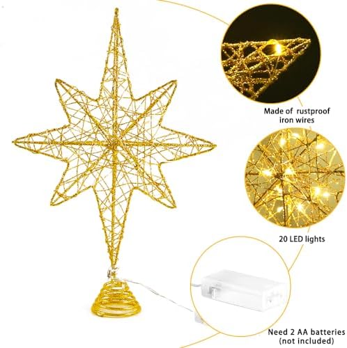 DULEFUN Christmas Tree Topper Lighted 13.5?€? Gold Star Tree Toppers with 20 LED Lights Christmas Tree Top Ornament for New Year Holiday Home Office Indoor Decorations - Image 5