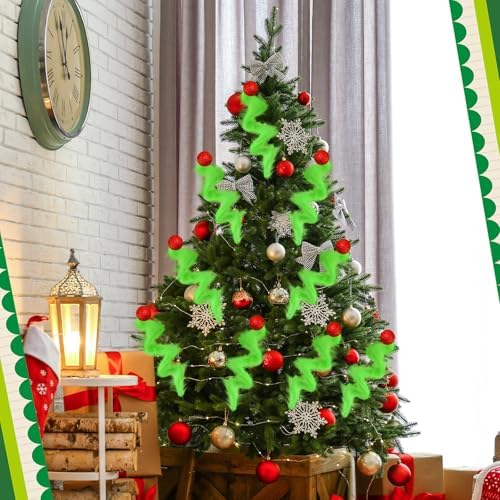 Gejoy 12 Pcs Christmas Tree Topper Green Christmas Picks Lime Green Furry Tree Topper Picks 12'' Xmas Curly Stems Ornament Sprays Elf Ornament for Xmas Wreath Vase Filler Branches Decorations - Image 3