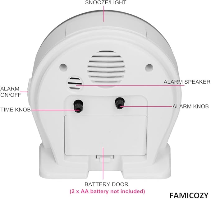 FAMICOZY 4.5" No Ticking Analog Alarm Clock,Silent Readable for Seniors,Easy to Set,Gradual Rise Alarm,Big Numbers,On/Off Switch on Side,Gentle Wake,Snooze Soft Backlight,Battery Operated,White - Image 6