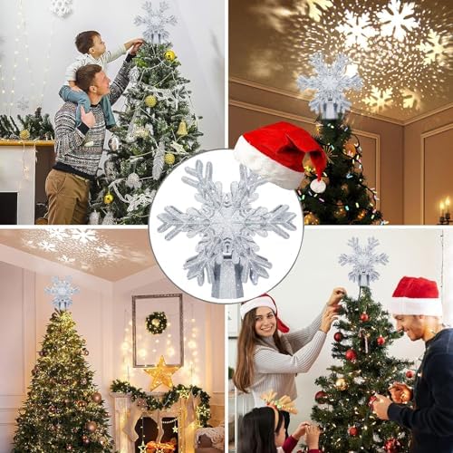 AOMIL Christmas Tree Topper, 3D Rotating Silver Snowflake Pattern Projector for Xmas Tree Topper, Hollow Design Christmas Decorations, Christmas Decor - Image 5