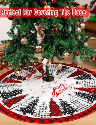 Multiwins Christmas Tree Skirt 48 Inch, Red and Black Buffalo Plaid with Snowflake Design, Thick Flannel Fabric, Rustic Farmhouse Xmas Tree Skirt for Holiday Decorations, Indoor Christmas Party - Image 4