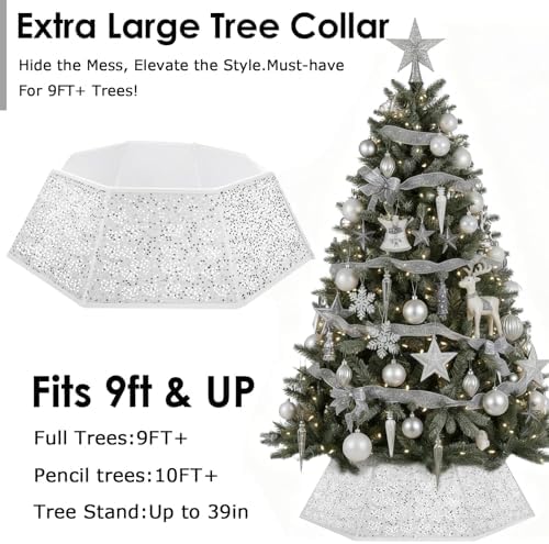Christmas Tree Collar with Sparkling Sequin Tree Skirt for Holiday Home Decor Xmas Tree Ring(White, X-Large) - Image 2