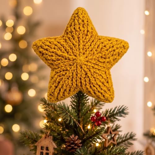 Syhood 10 Inch Crochet Star Christmas Tree Topper Golden Christmas Ornament Glitter Star Farmhouse Holiday Xmas Decor for Xmas Trees Ornament Party Decoration by Syhood