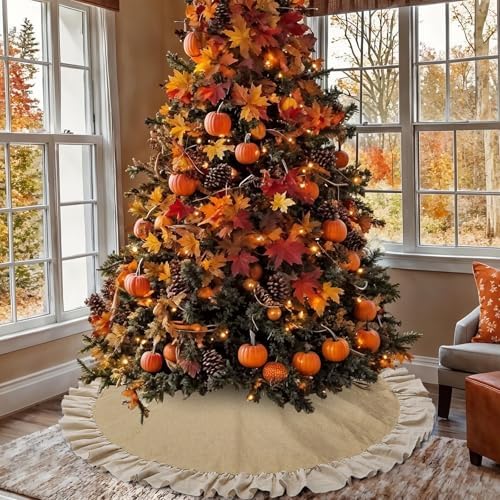 Burlap Fall Christmas Tree Skirt with Ruffle, 48'' Large Tree Decorations - Image 3