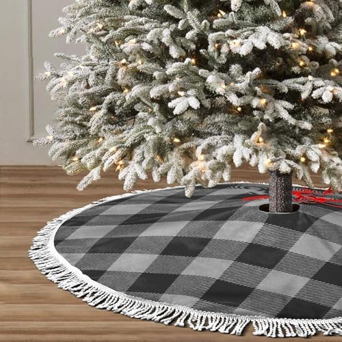 Christmas Tree Skirt 48" Inch Black and White Plaid Buffalo Xmas Tree Skirt Mat with White Tassel for Party Holiday, Tree Skirt Christmas Decorations by GHYGTY