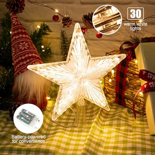 LAWOHO Christmas Tree Topper Warm White Light Star for Christmas Decorations, TreeStar Topper Great for Normal Size Tree, Battery Powered(Not Included), 8.7 Inch - Image 2