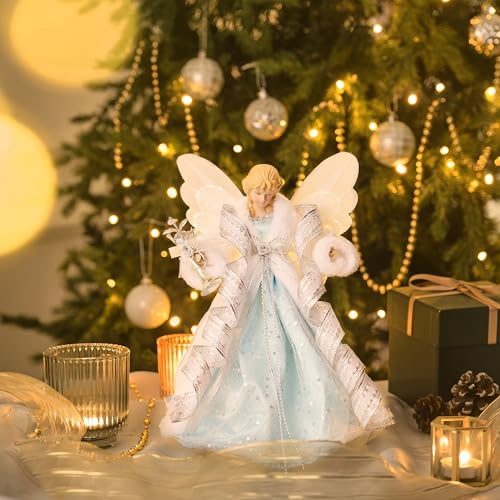 Valery Madelyn Lighted Christmas Tree Topper Angel with Timer, 12 Inch Blue and Silver Fabric Small Angel Tree Topper with Lights for Christmas Tree Decoration Indoor, Battery Operated - Image 4