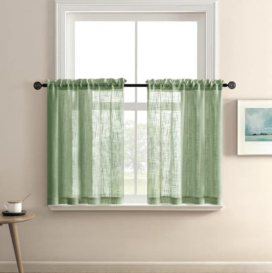 XTMYI Light Green Short Curtains for Small Bathroom Window Kitchen Set of 2 Pack Faux Linen Look Sheer Opaque Curtains That Let Light in Can't See Through,24 Inch Length,Sage