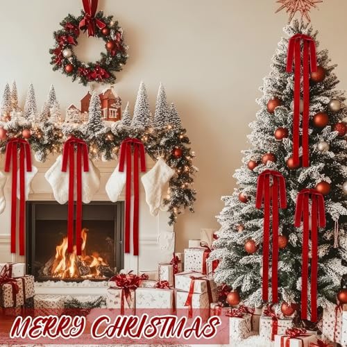 Janinka 12 Pcs Long Red Christmas Velvet Bow Ornament Vintage Tree Decor - Image 6