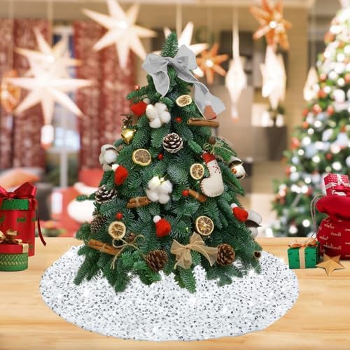 Small Tree Skirt Silver White Tree Skirt 24 Inches Christmas Tree Skirt Farmhouse Shiny Sequin Tree Skirts for Christmas Holiday Party Decorations - Image 2